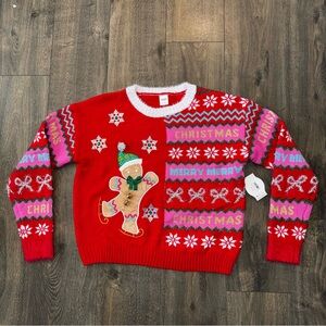 Holiday Time Women's M Embellished Ugly Christmas Sweater Ginger Bread Bells